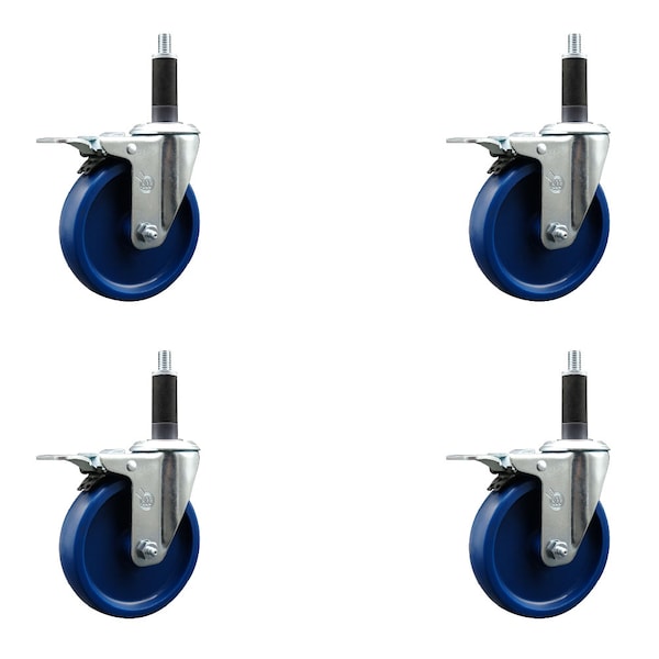 5'' Solid Poly Swivel 1'' Expanding Stem Caster Set Total Lock Brake, 4PK